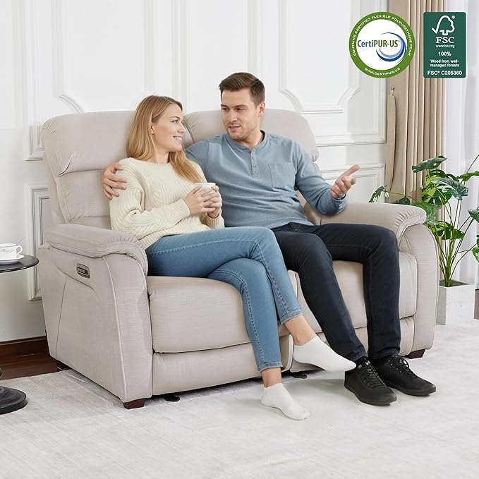 MCombo 61.6'' Wall Hugger Power Loveseat Recliner, Reclining Loveseat with Adjustable Headrest, USB Charge Ports, Wood Legs for Living Room, RVs, Small Spaces, Fabric ST258M1 (Loveseat, Beige)