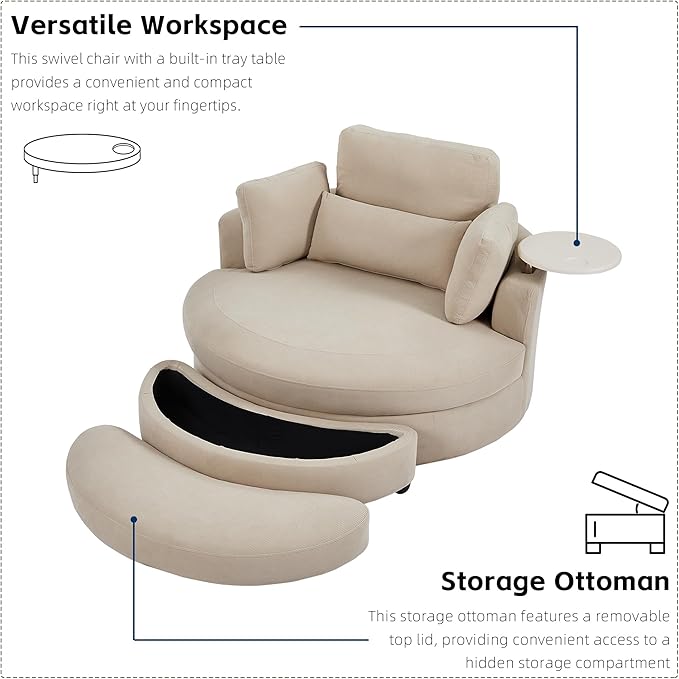 Yoglad Oversized Round Swivel Accent Chair - 360 Degree Chairs with Ottoman Armrest Tray Ideal for Living Room, Bedroom(Corduroy Beige)