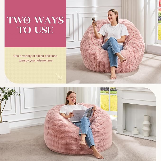 Hobestluk Bean Bag Chairs Beanbag Chair with Filler Adult Bean Bags with Fluffy Ripple Cover, Giant Bean Bag Chairs for Adults (Pink, 3FT - 36" x 36" x 22")