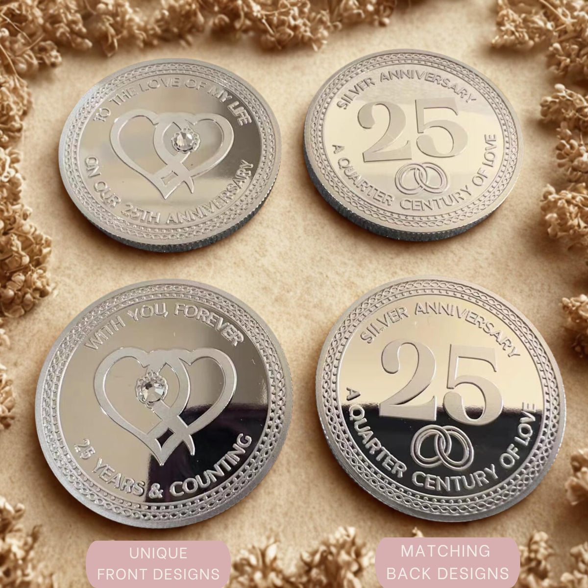 25th Wedding Silver Anniversary Commemorative Coins Set of 2 – 25 Year for Couple, Husband or Wife – Traditional Silver-Plated Keepsake in Gift Box