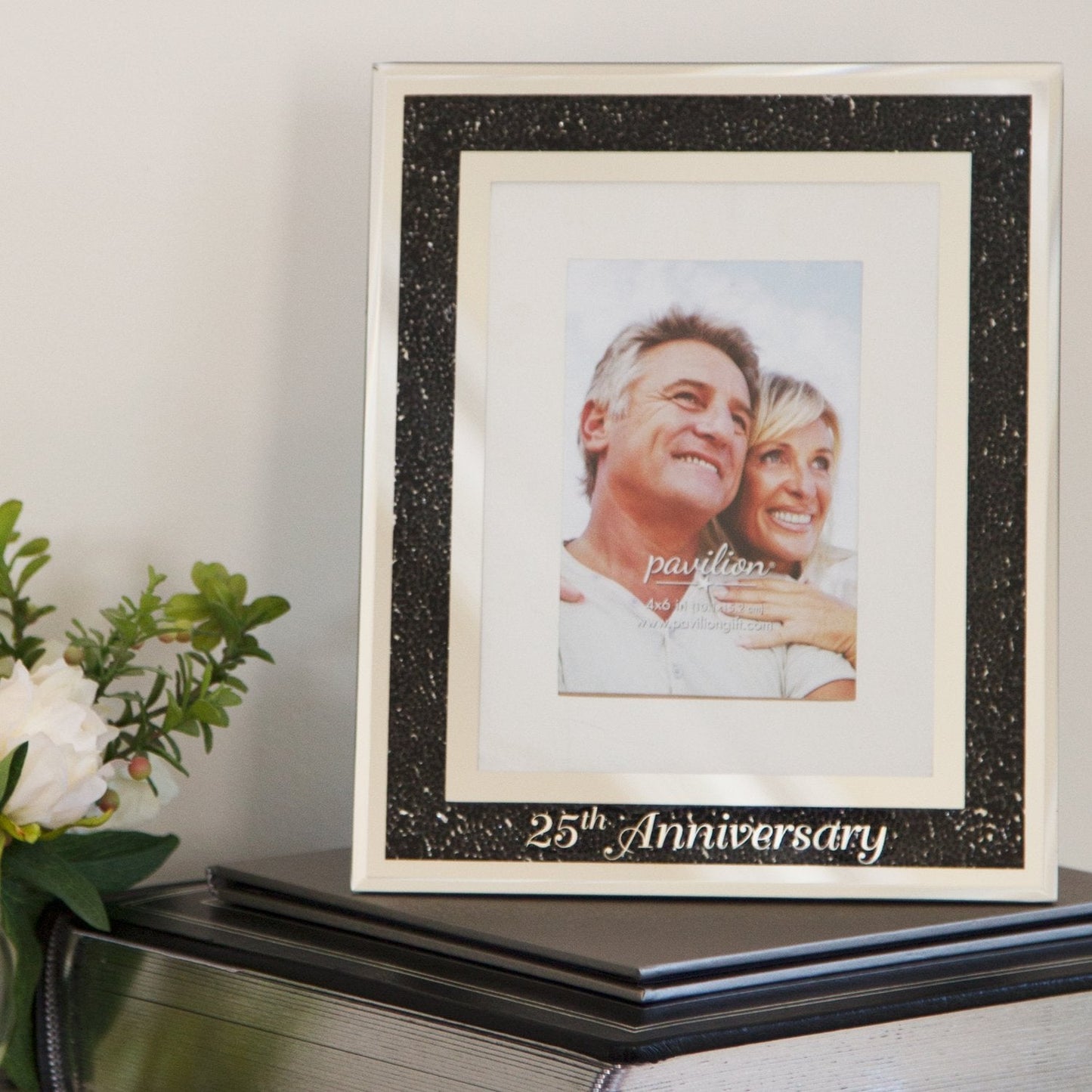 Pavilion Gift Company 85114 Glorious Occasions - 25th Anniversary Black Crystal Mirrored 4x6 Picture Frame,