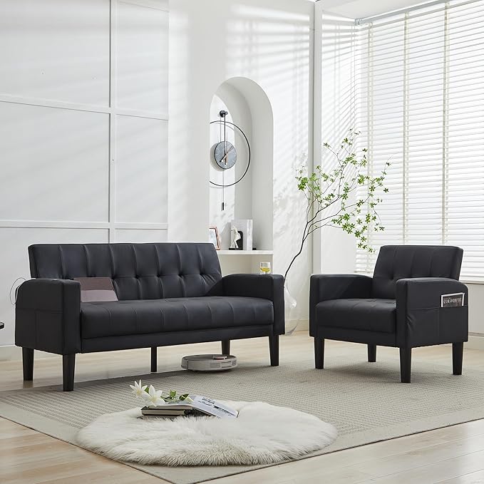TYBOATLE Sofa Couch 62" W Loveseat w/ 2 USB Charger Ports & 2 Cupholders, Mid-Century Modern Black LeatherTufted Small Love Seat Couches for Office,Compact Living Room,Bedroom,Apartment,Dorm (2)