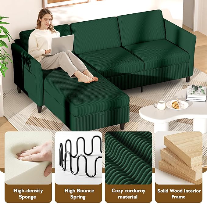 Valthie Convertible Sectional Sofa,Corduroy L-Shaped Couch with Reversible Storage Chaise,3-Seater Sofa with Side Pocket for Living Room,Bedroom and Office, 106.7",Green