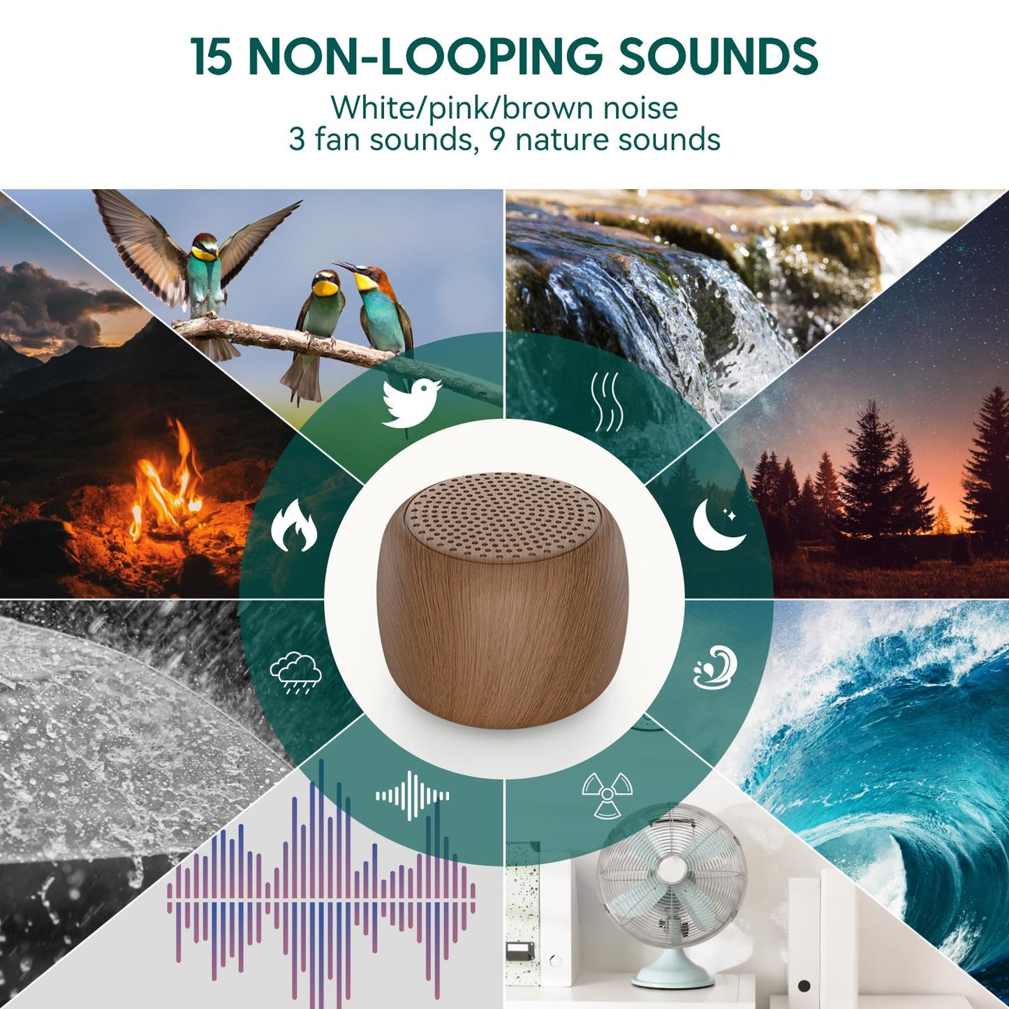 Babelio White Noise Sound Machine for Adults Kids Baby, Mini, 15 Non-looping Sounds, Timer, Memory Function, Easy to Pocket and Travel Wood 2 Pack