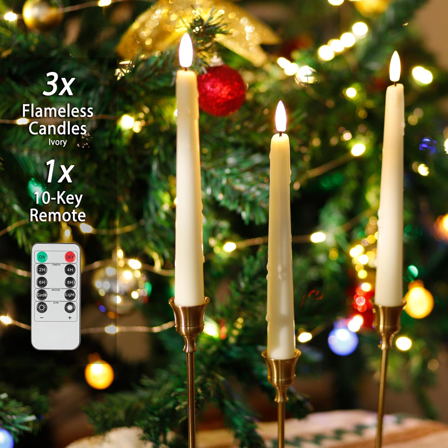 AFINETH Flameless Taper Candles with Rmote, 9.6" Dripless Battery Operated Candles, 3 Pack Real Wax Led Candle Flickering Candlesticks with 3D Flame, Fake Candles for Home, Wedding, Party, Ivory