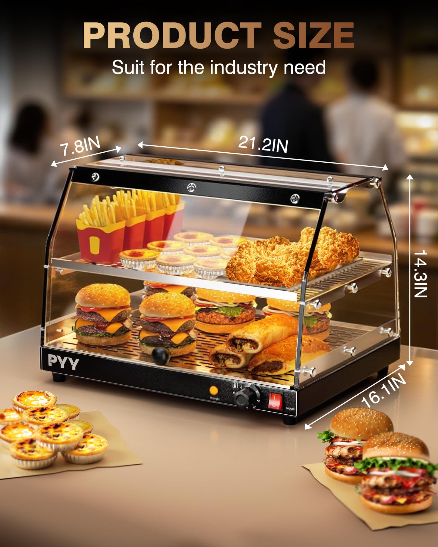 PYY Commercial Food Warmer Display, 2-Tier Electric Countertop Food Warmer with LED Lighting Adjustable Glass Door, Pastry Display Case for Restaurant Black