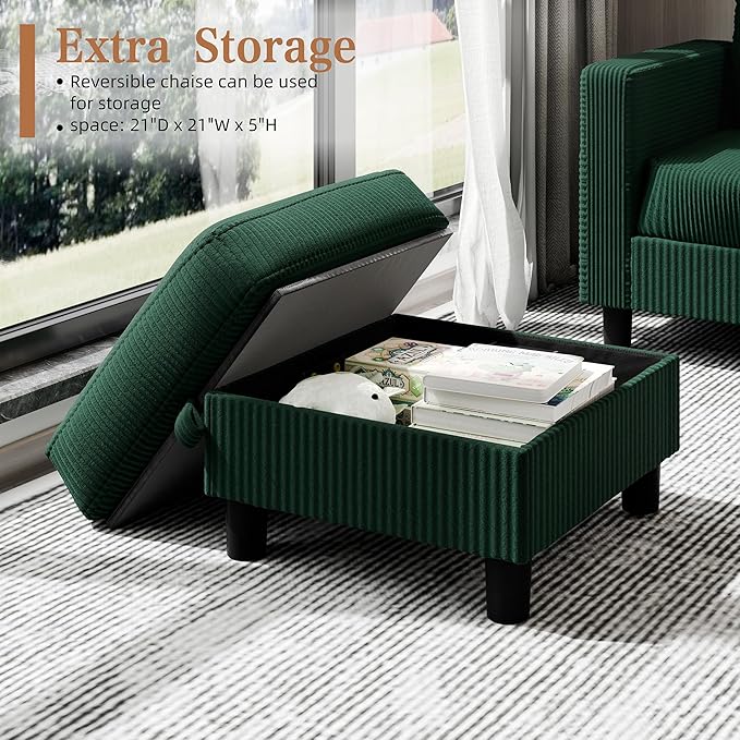 Shintenchi 76" Modern Upholstered Sectional Sofa, L-Shaped Couch with Storage Ottoman and Reversible Chaise for Living Room, Green Linen Fabric