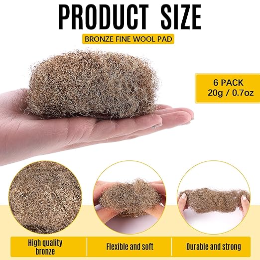 6 Pcs Fine Grade Bronze Wool Pads 0.7 Ounce Hand Pad Brass Wool Copper Soft and Reusable Bronze Pads for Polish, Smooth, Stand Strip Wood and Metals Surfaces
