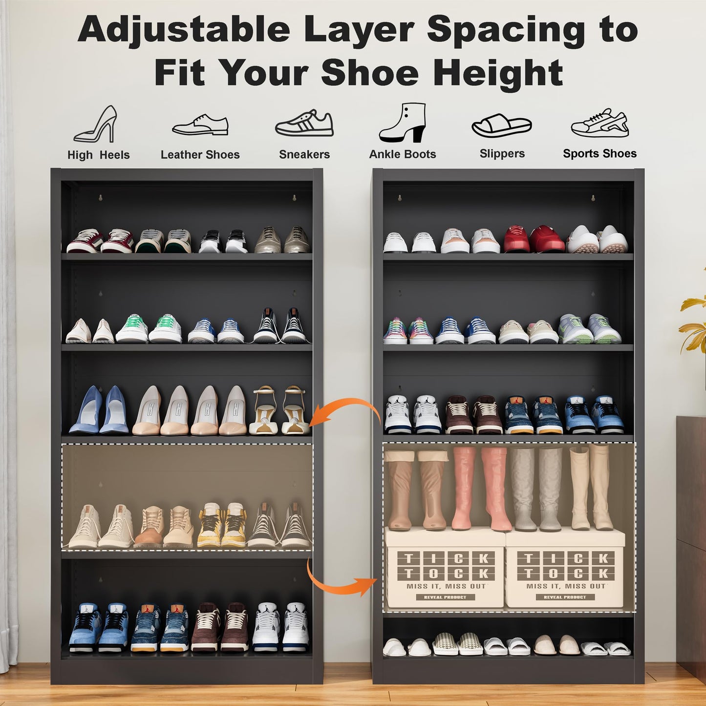 ZONLESON Shoe Cabinet,5 Tiers Heavy Duty Metal Freestanding Shoe Rack,55" Tall Shoe Rack with Open Storage Shelf for Entryway,Living Room,Garage (Black, 5 Tier-55 H*27.6" W*11.8" D)