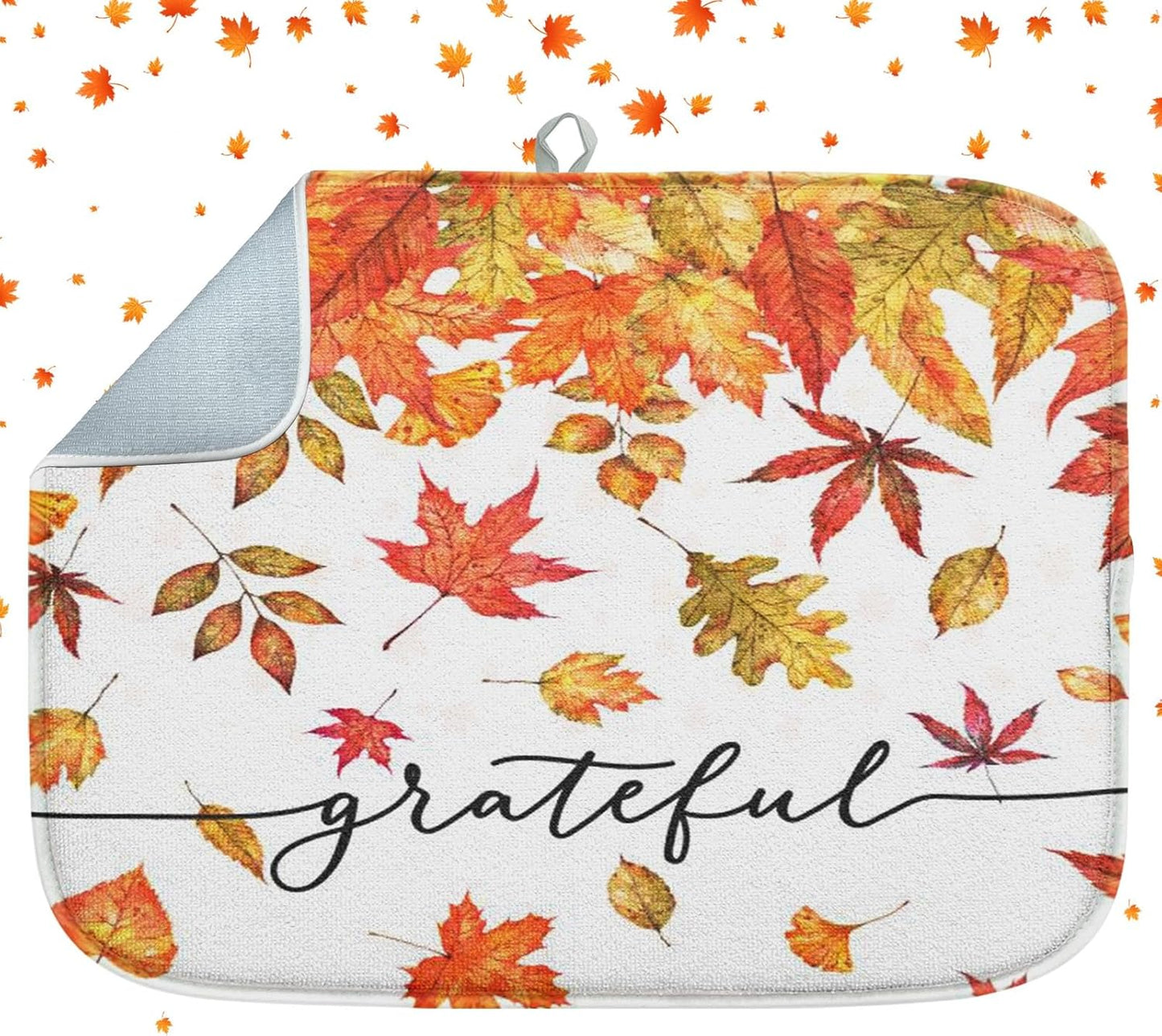 Sanwarm Absorbent Dish Drying Mat, Autumn Fall Leaves Microfiber Pad for Kitchen Counter, Thanksgiving Grateful for Coffee Bar Decor, Heat Resistant and Reversible, 18" x 24"