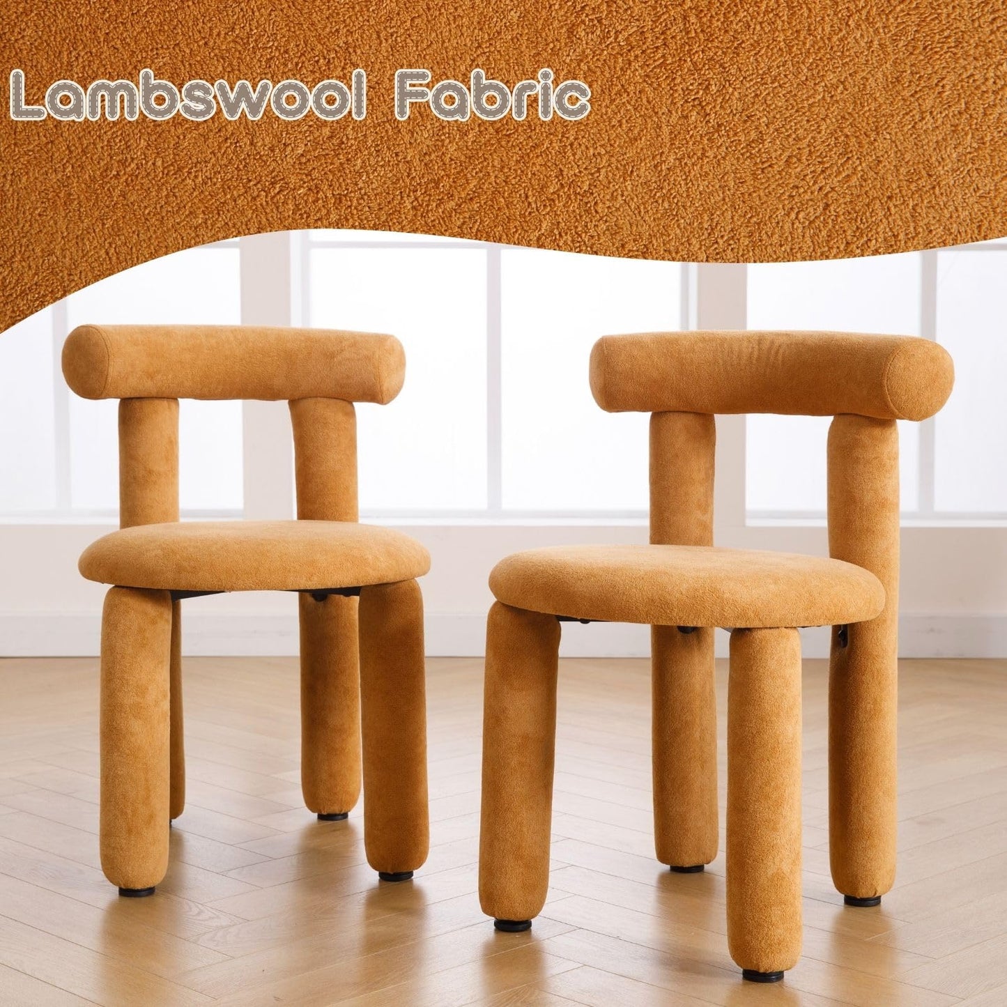 ROCITY Boucle Dining Chairs Set of 2 Armless Sherpa Kitchen Chairs Small Modern Barrel Dining Room Chairs Upholstered Cute Side Chairs Orange Yellow