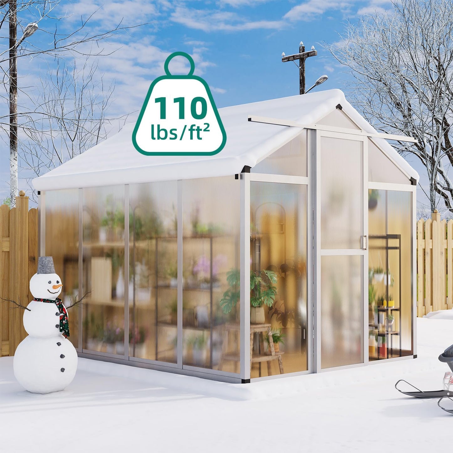 GAOMON 6 x 8 ft Greenhouse, Greenhouses for Outside, Polycarbonate Greenhouse with Aluminum Frame, Lockable Door, Adjustable Roof Vent, and Patio Garden Backyard Use, Silver