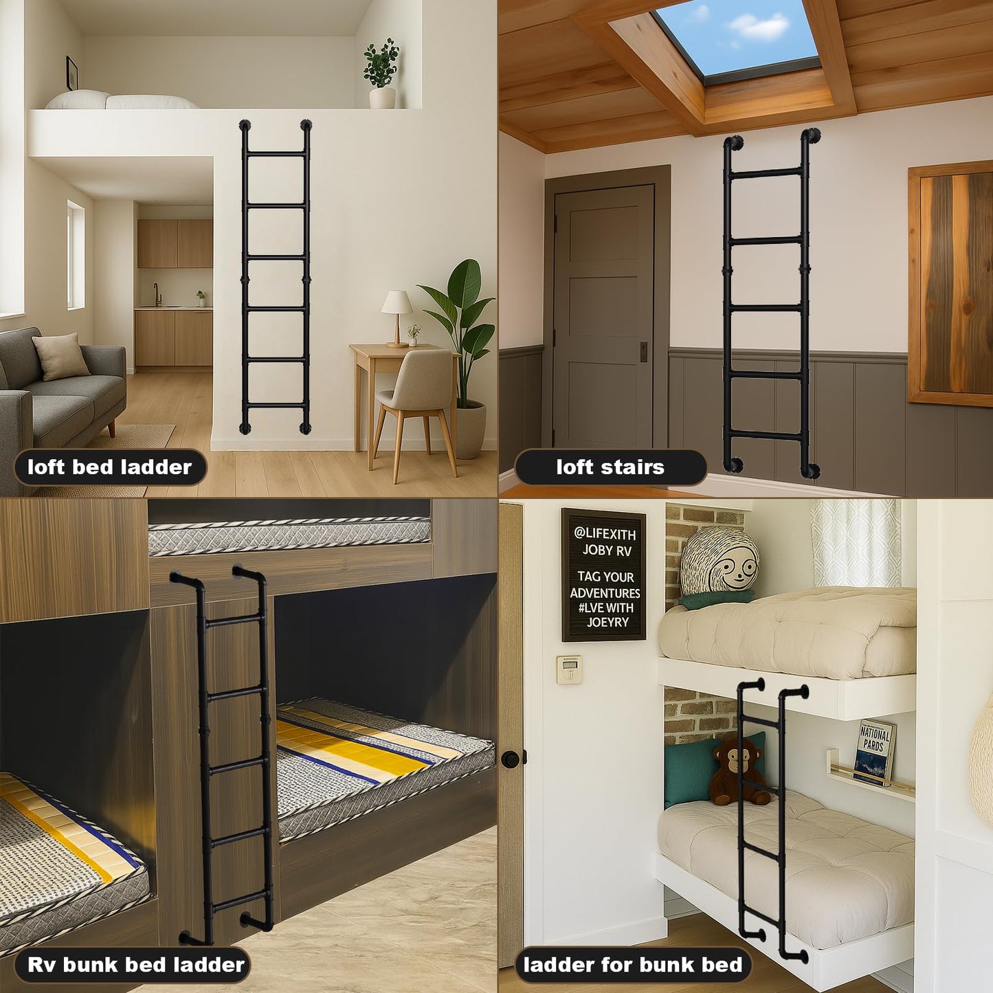 Black 4-Step Wall Mounted Steel Ladder, 4FT Egress Window Well Loft Ladder for Bedroom, Bunk Bed, Camper, Dorm – Wall/Floor-Mounted Indoor Climb Step for Small Space, Blanket Rack, Basement, Gym