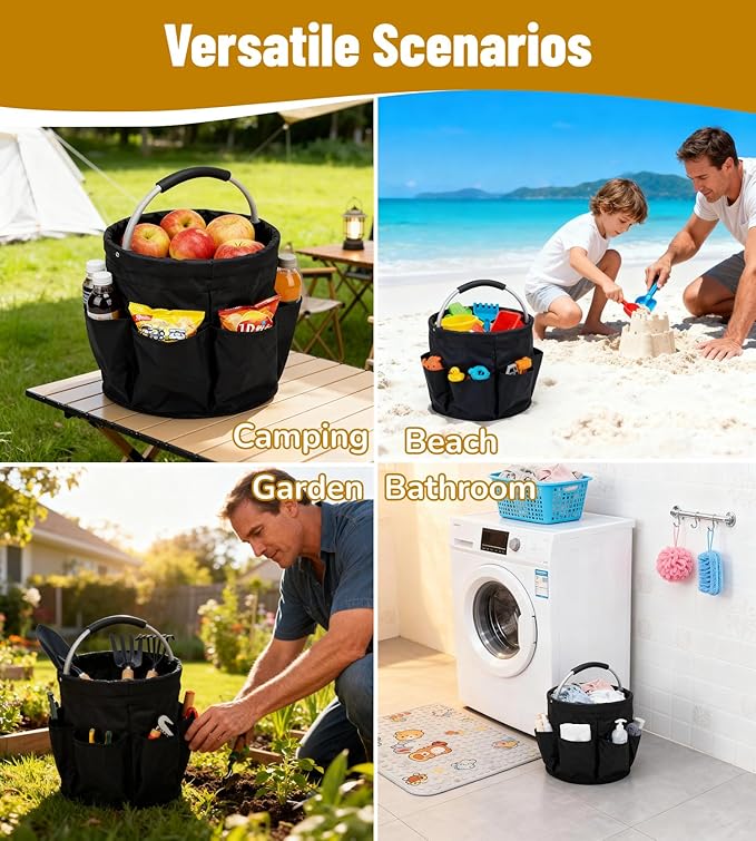 17L Foldable Storage Basket with 6 Side Pockets Cleaning Caddy with Handle Folding Storage Bin for Home Bathroom Camping Gardening (Black)