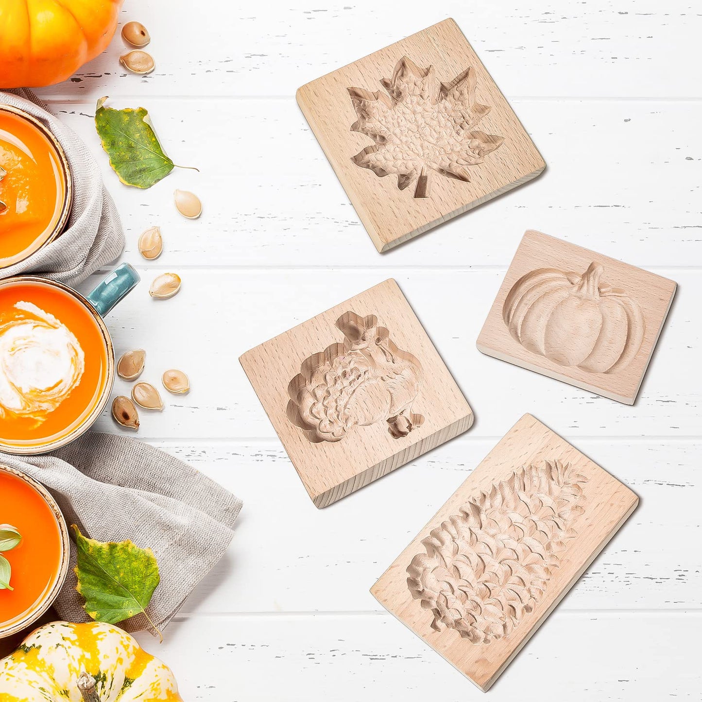 eBoot 4 Pcs Thanksgiving Cookie Molds Carved Wooden Cookie Press Embossing Cookie Cutter Funny 3D for Kitchen Baking DIY, 4 Styles