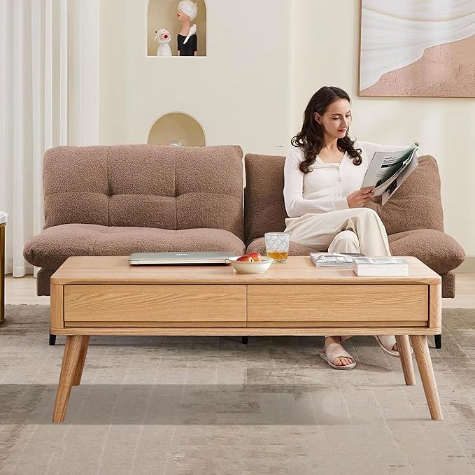 QKFF Wood Lift Top Coffee Table, 100% Solid Oak Wood Small Rising Dining Center Tables with Storage Shelf and Hidden Compartment for Living Room 48D x 26W x 26H