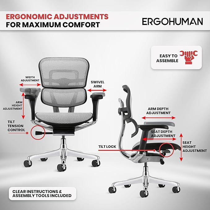 Ergohuman Eurotech ME8ERG GEN2 High Back Mesh Office Chair with Tilt Tension Control, Tilt Lock, Back Angle, Back Height, Synchro Tilt, Seat Height, Seat Depth, and Arm Height Adjustments, Grey