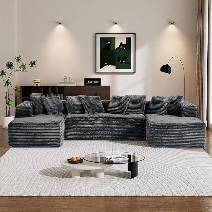 Modular Sectional Sofa, 130" U Shaped Cloud Couch Plush Corduroy Comfy Deep Seat Boneless Sofas with 8 Pillows Double Chaise Lounge Sectional Couches with Memory Foam for Living Room - Dark Grey