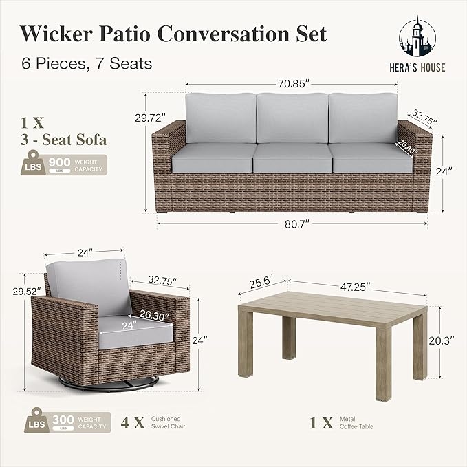 HERA'S HOUSE Patio Furniture Conversation Set, Outdoor Swivel Wicker Chairs with 4.92" Widened Armrest, 6 Pieces Deep Seating Rattan Sofa with 5.5" Gray Cushions for Deck Garden Yard