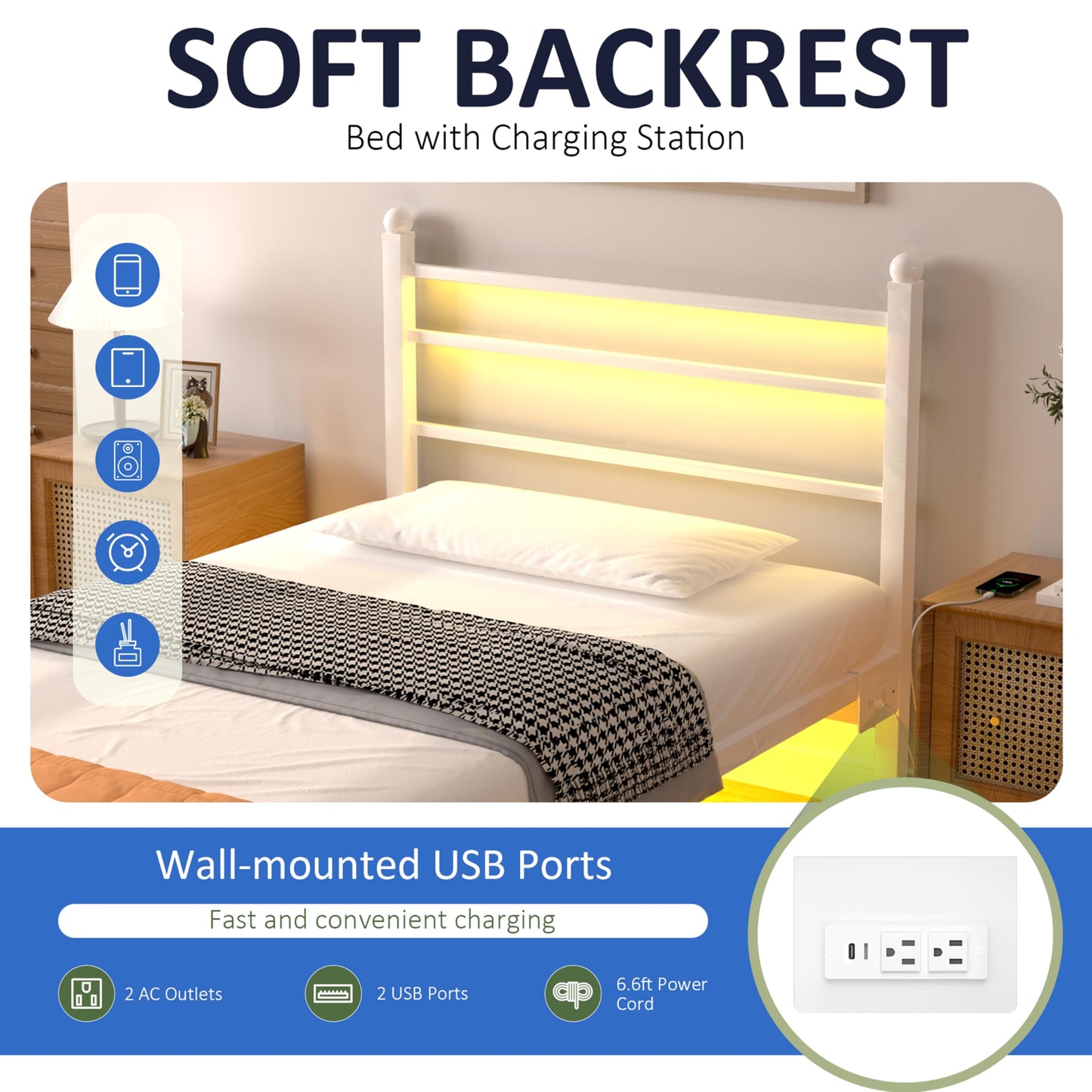 J.Fkne Twin Bed Frame with LED Lights & Charging Station, Metal Platform Bed with Headboard, Heavy Duty Metal Slats, No Box Spring Needed, Noise Free, Easy Assembly, White