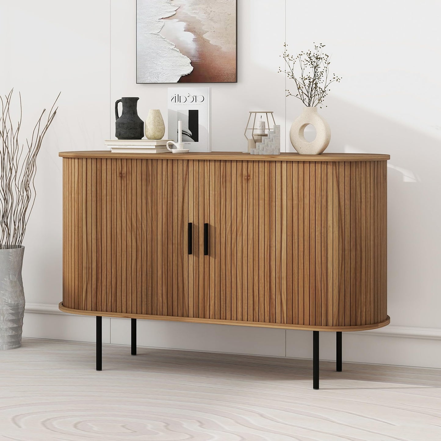 Janmer Home 47.2" Fluted Storage Cabinet with Sliding Tambour Doors, Mid Century Modern Buffet Sideboard with Storage, Oval Curved Accent Cabinet for Living Room Kitchen (Walnut)