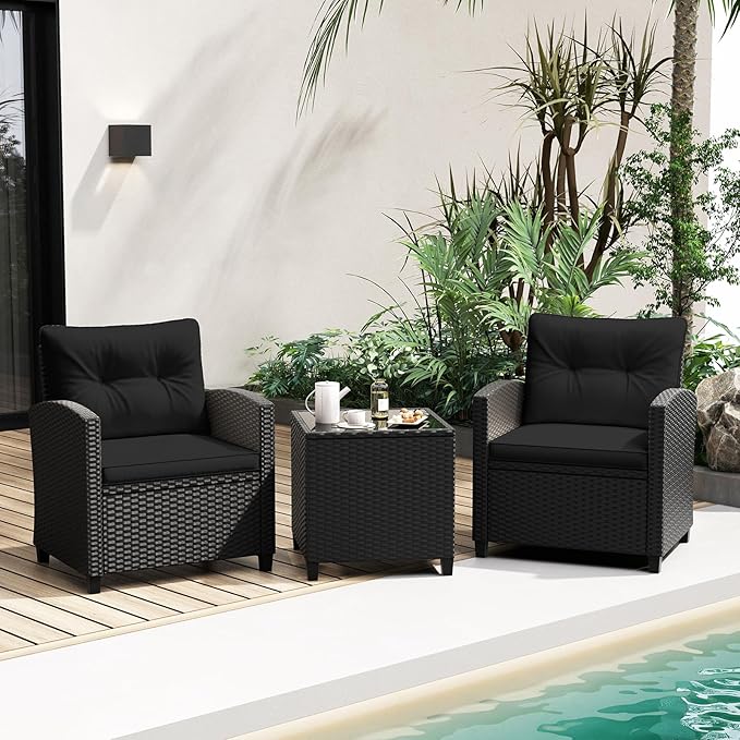 RELAX4LIFE 3-Piece Patio Furniture Set - Wicker Rattan Bistro Sofa Set with Glass Top Coffee Table, Washable Cushions for Porch, Balcony, Backyard, Poolside, Outdoor Conversation Set (Black)