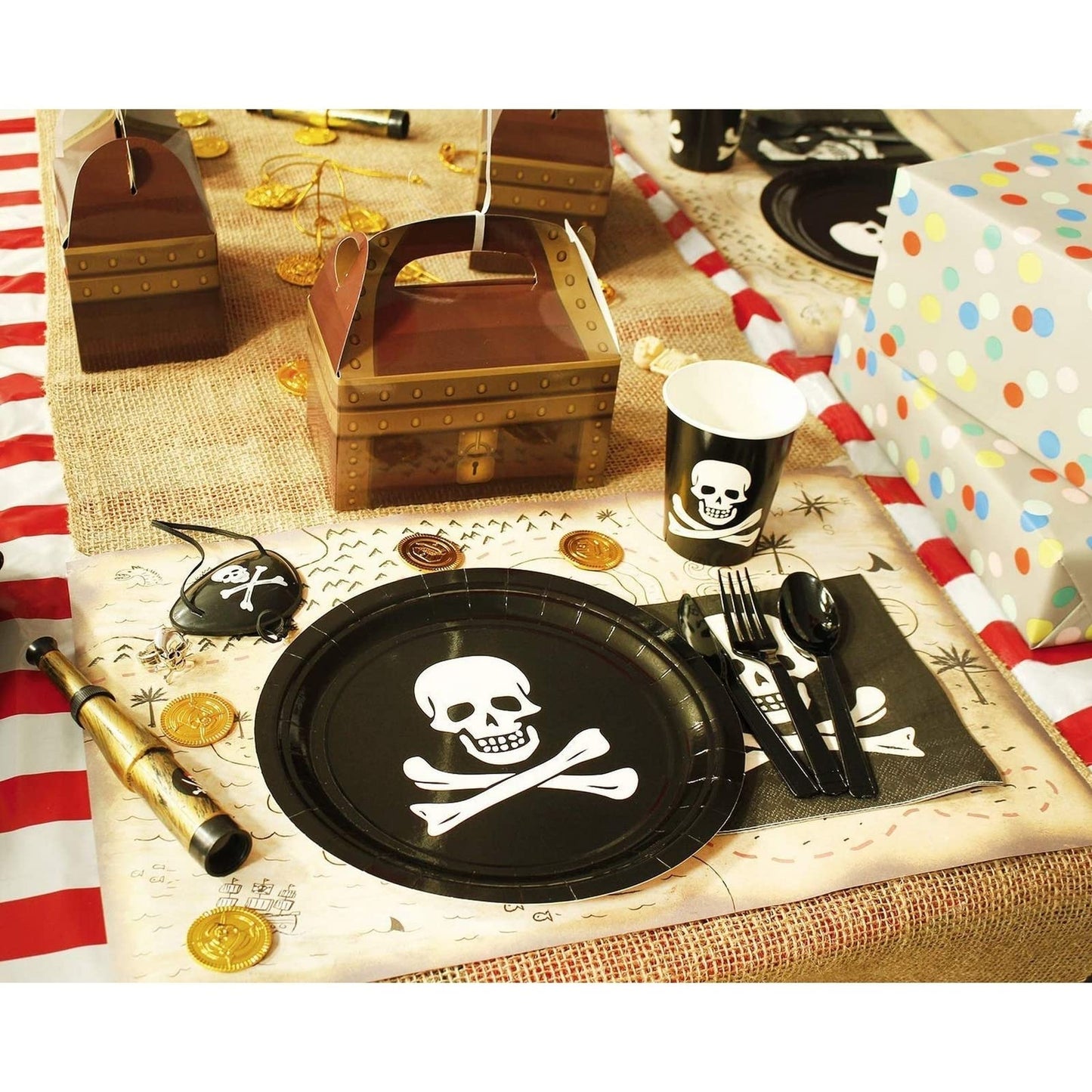 Juvale 144-Piece Skull Birthday Party Set - 24 Disposable Pirate Party Plates, Napkins, Cups & Cutlery for Birthday Decorations and Halloween Decor