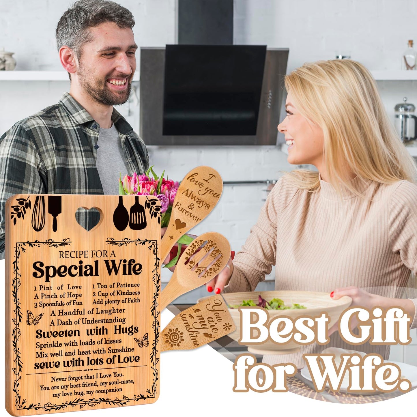 Gifts for Wife - "Recipe for a Special Wife" Birthday Gifts for Wife Cutting Board Set, Bamboo-Made Engraved Utensil Set Wife Gifts for Birthday/Christmas Gifts for Wife