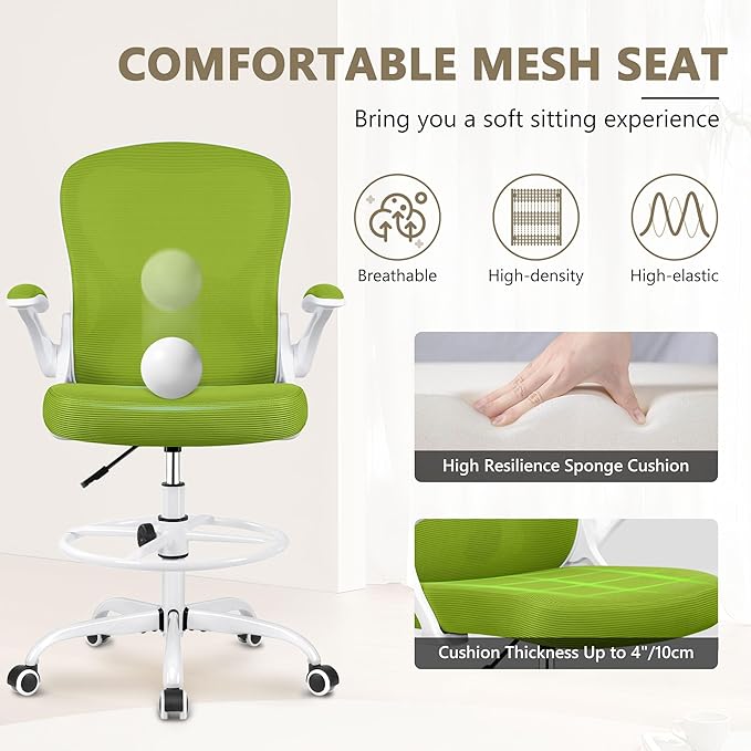 Winrise Ergonomic Drafting Chair with Lumbar Support - Adjustable Height Office Chair for Standing Desks, Flip-Up Armrests & Foot Ring (Green)