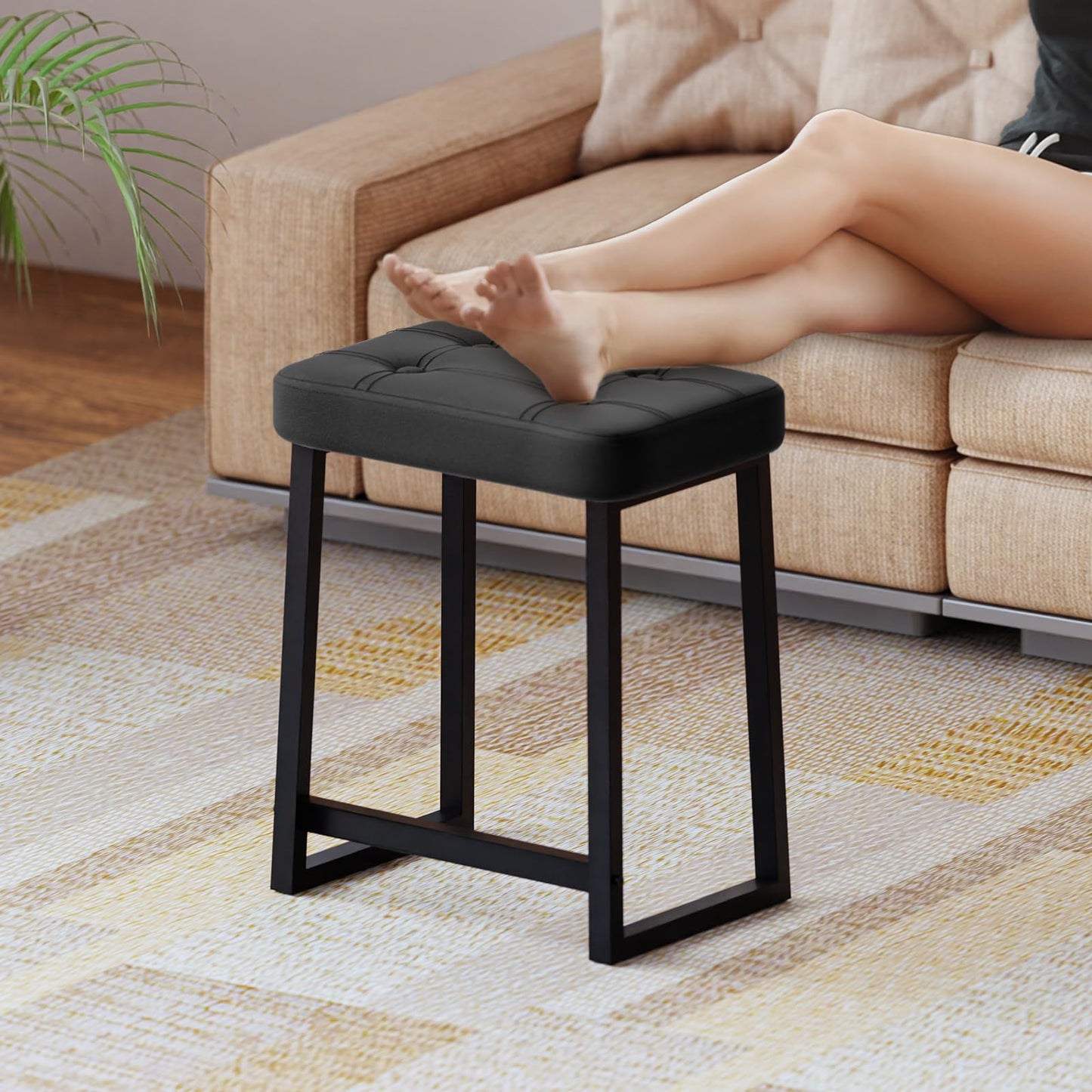 iTsst Vanity Stool Chair, Makeup Stool for Vanity,Small Ottoman Footrest for Living Room, Bathroom, Bedroom, Entryway, Offices，Leather &Metal Legs with Anti-Slip Feet, Black