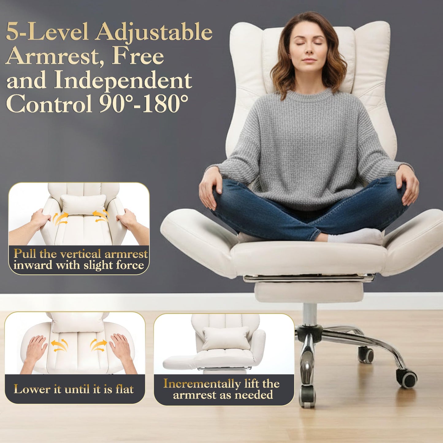 forveolux High Back Executive Office Chair with Footrest, Reclining PU Leather, Lumbar Support, Criss Cross Style, 155° Recline (Beige)