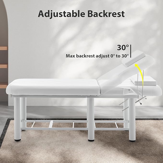 Professional Massage Table with Backrest, Faux Leather Stationary Physical Therapy Table, Metal Frame Barber Beauty Equipment, Removable Headrest Treatment Table Salon Spa Bed, White