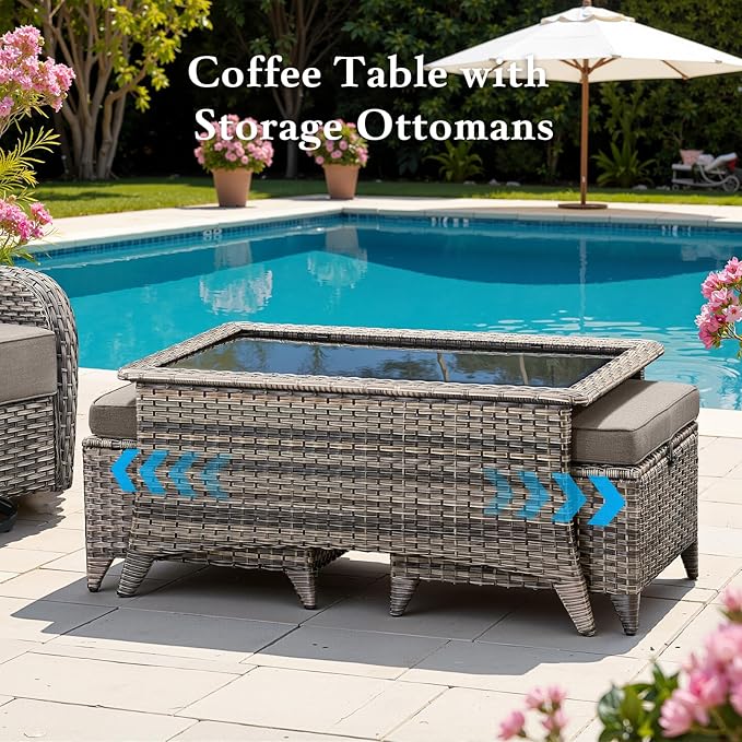Belord Luxury 6" Thick Cushioned 7 Pieces Patio Furniture Set with Outdoor Couch, Wicker Outdoor Conversation Set with High Back Swivel Rocker Chairs for Deck Porch Yard and Poolside - Grey+Grey