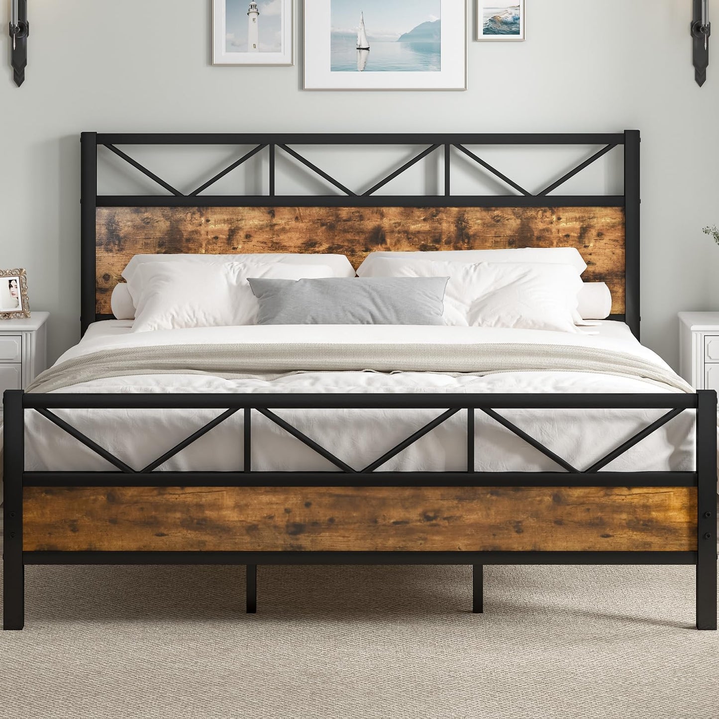 CHABUILDREARK King Size Bed Frame and 51.2" Tall Headboard, King Platform Bed Frame with Headboard, Heavy Duty Metal Slats Support, No Box Spring Needed, Noise-Free, Easy Assembly, Rustic Brown