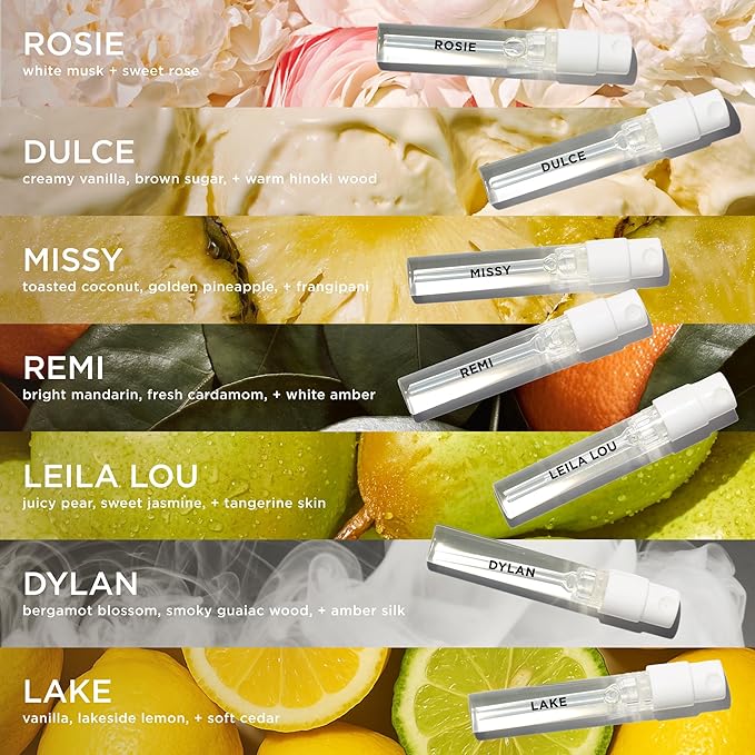 By Rosie Jane Discovery Perfume Set - 7 Piece Travel Size Perfume Set - Gift Set Includes Scents Rosie, Dulce, Missy, Remi, Leila Lou, Dylan & Lake - Clean Perfume for Women (7 Count)
