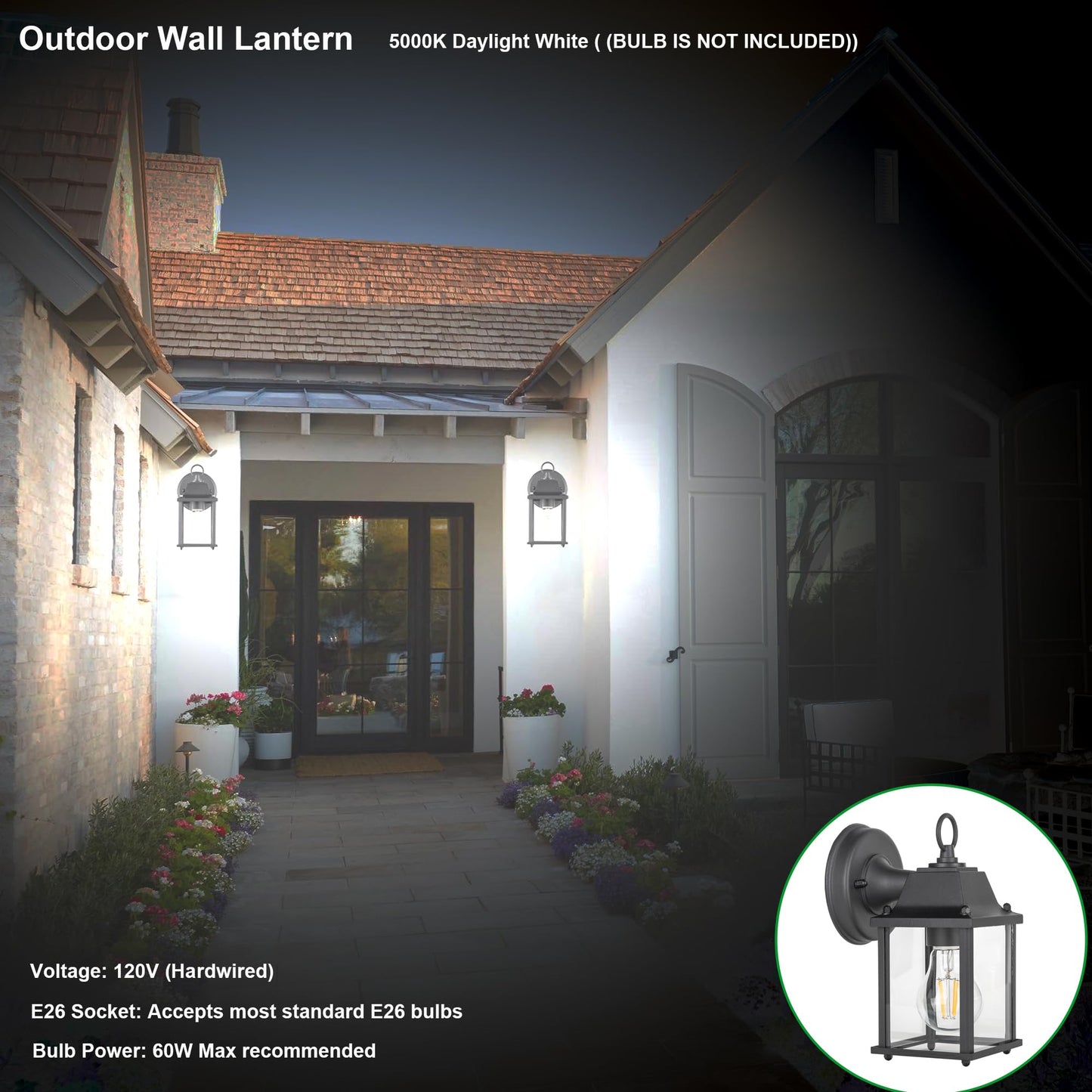LIT-PaTH Outdoor Wall Lantern, Wall Sconce as Porch Lighting Fixture, E26 Base, Aluminum Housing Plus Glass, Water-Proof and Outdoor Rated, ETL Qualified, 1-Pack, Black