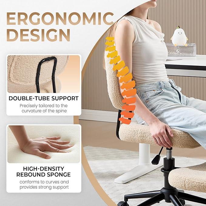 Cross Legged Office Chair, Ergonomic Criss Cross Desk Chair ADHD Meditation Yoga Kneeling Chair with Brake Wheels, Home Office Desk Chair with Adjustable Height, Lumbar Support (Beige)