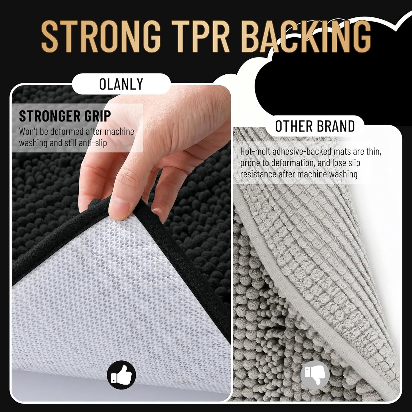 OLANLY Thick Bathroom Rugs 36x24, Extra Soft Absorbent Chenille Striped Bath Rugs, Rubber Backing, Machine Wash Dry, Bath Mats for Bathroom Floor, Tub and Shower, Home Decor Accessories, Black