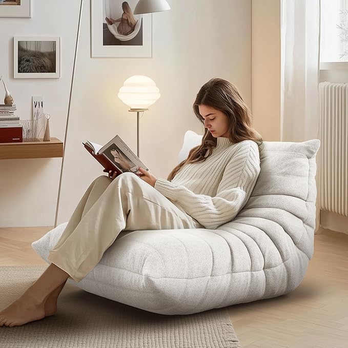 Bean Bag Chair for Adults, Fireside Togo Chair, BeanBag Chairs for Teens with High-Resilience Memory Foam, Non-Slip Base Compressed Floor Lounge Sofa for Living Room, Bedroom, White