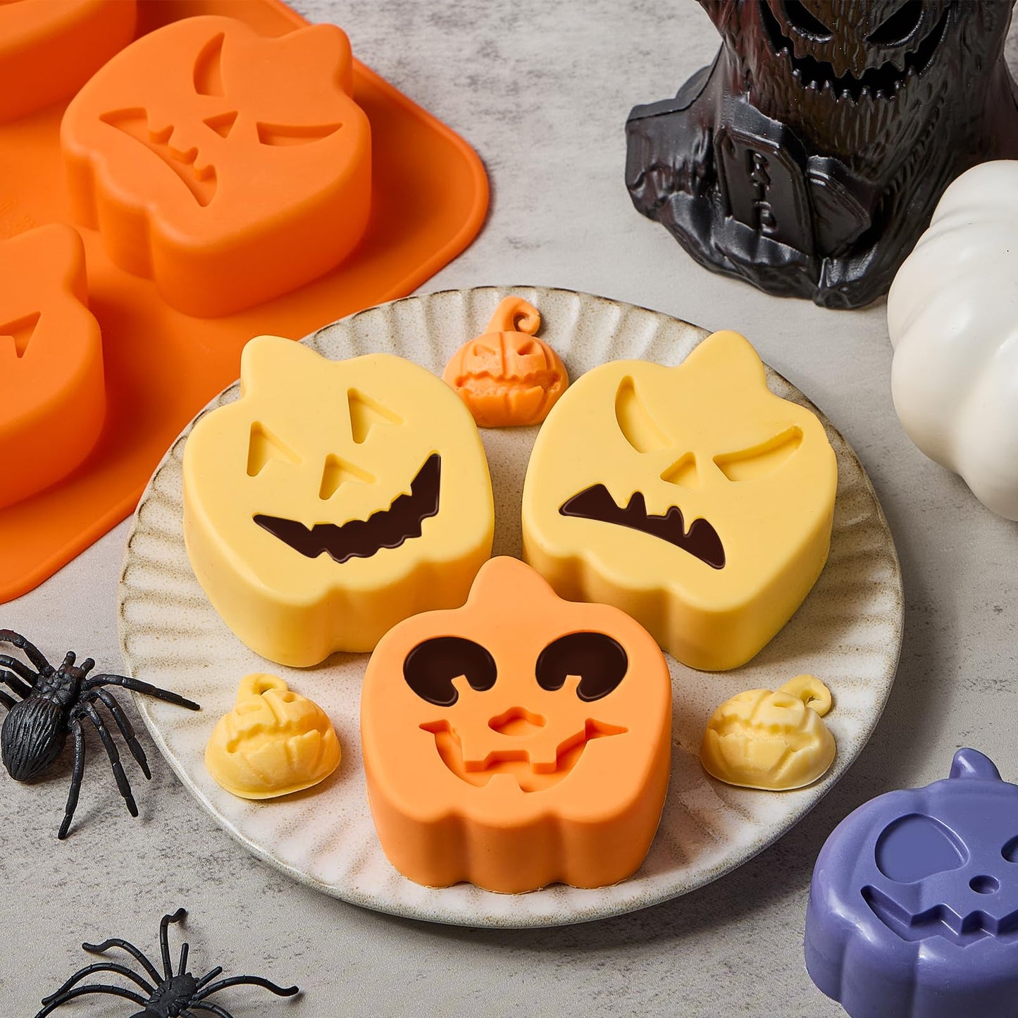 JOERSH Halloween Chocolate Silicone Molds, 5PCS Pumpkin Bat Skull Ghost Spider Shaped Cake Mold Non Stick Baking Pan for Cupcake, Muffin, Candy, Jello, Soap, Candle, Cake Decorating