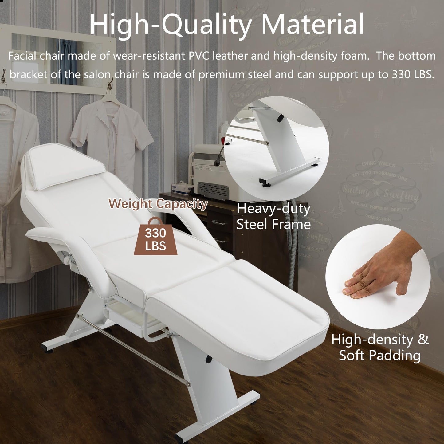 Massage Salon Tattoo Chair with Two Trays Esthetician Bed with Hydraulic Stool,Multi Purpose 3 Section Facial Bed Table, Adjustable Beauty Barber Spa Beauty Equipment, White