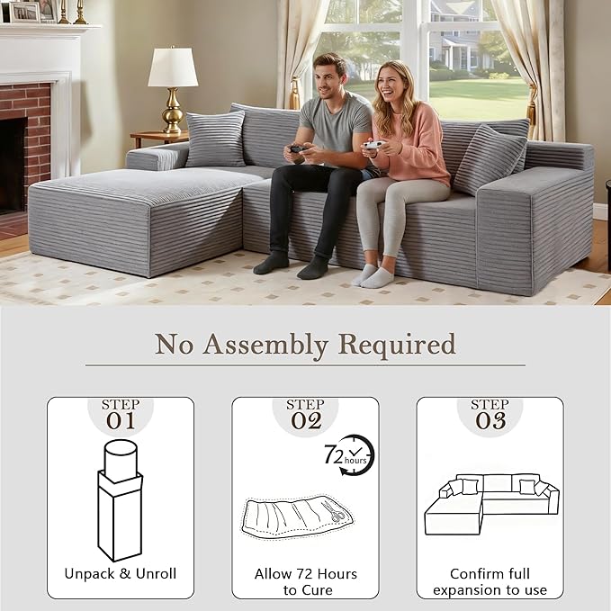105’’ L-Shape Modular Sectional Sofa with Chaise, Convertible Cloud Couch, Corduroy Fabric & High-Density Memory Foam, No Assembly Required for Living Room (Grey, Left Facing Chaise)