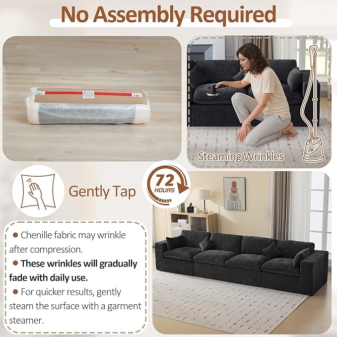 155''Cloud Boneless Sectional Couch, Modular Sectional Sofa Deep Seat, Oversized Upholstered Convertible Comfy 4 Seater Chenille Memory Foam Sofa Couches for Living Room, Dark
