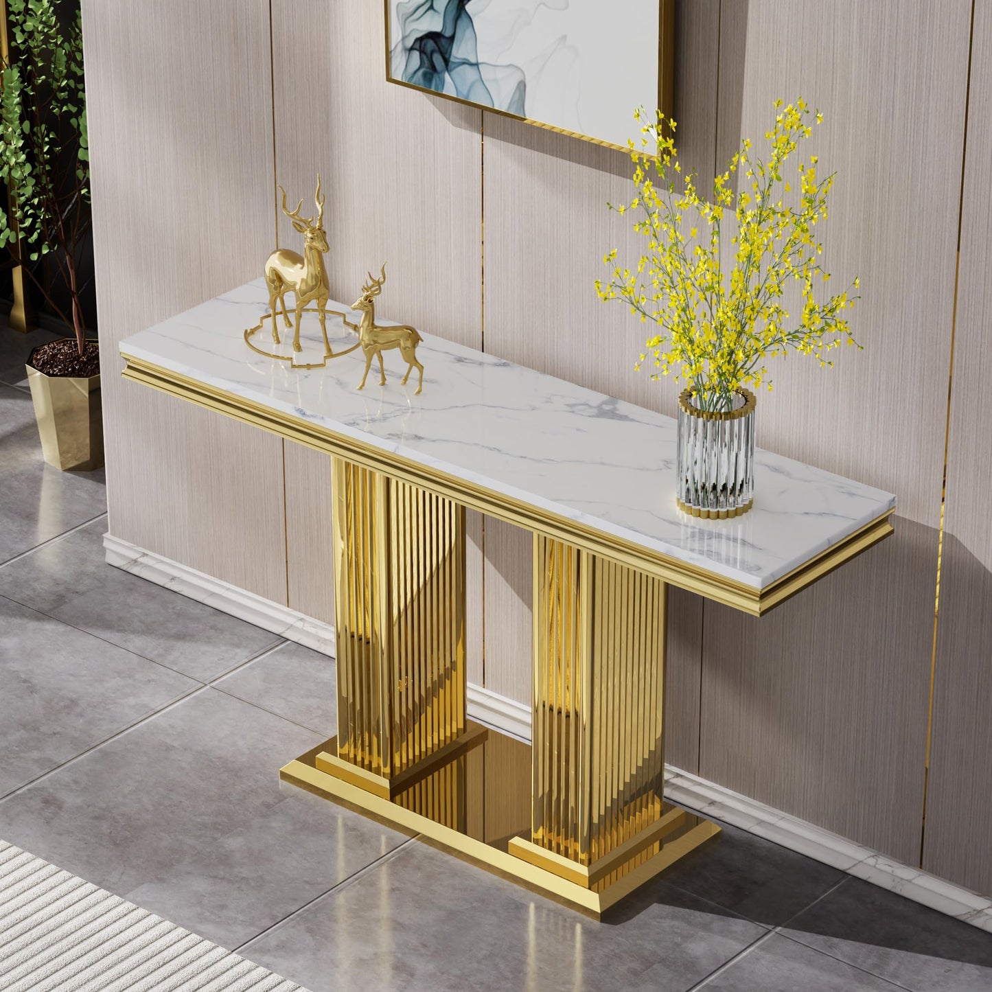 HomVent 47" Console Table, Narrow Entryway Table, Living Room Side Table, Hallway Table, Faux Marble Entry Table with Mirrored Stainless Steel Base