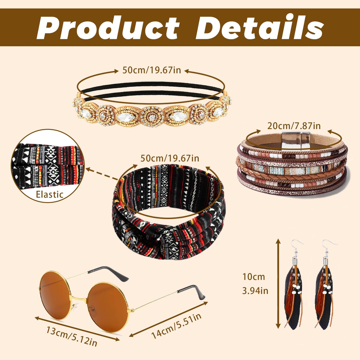 FEYIR 60s 70s Outfit for Women Hippy Accessories Fringe Hippie Vest Clothes for Halloween Disco Party Hippie Costume Set Brown