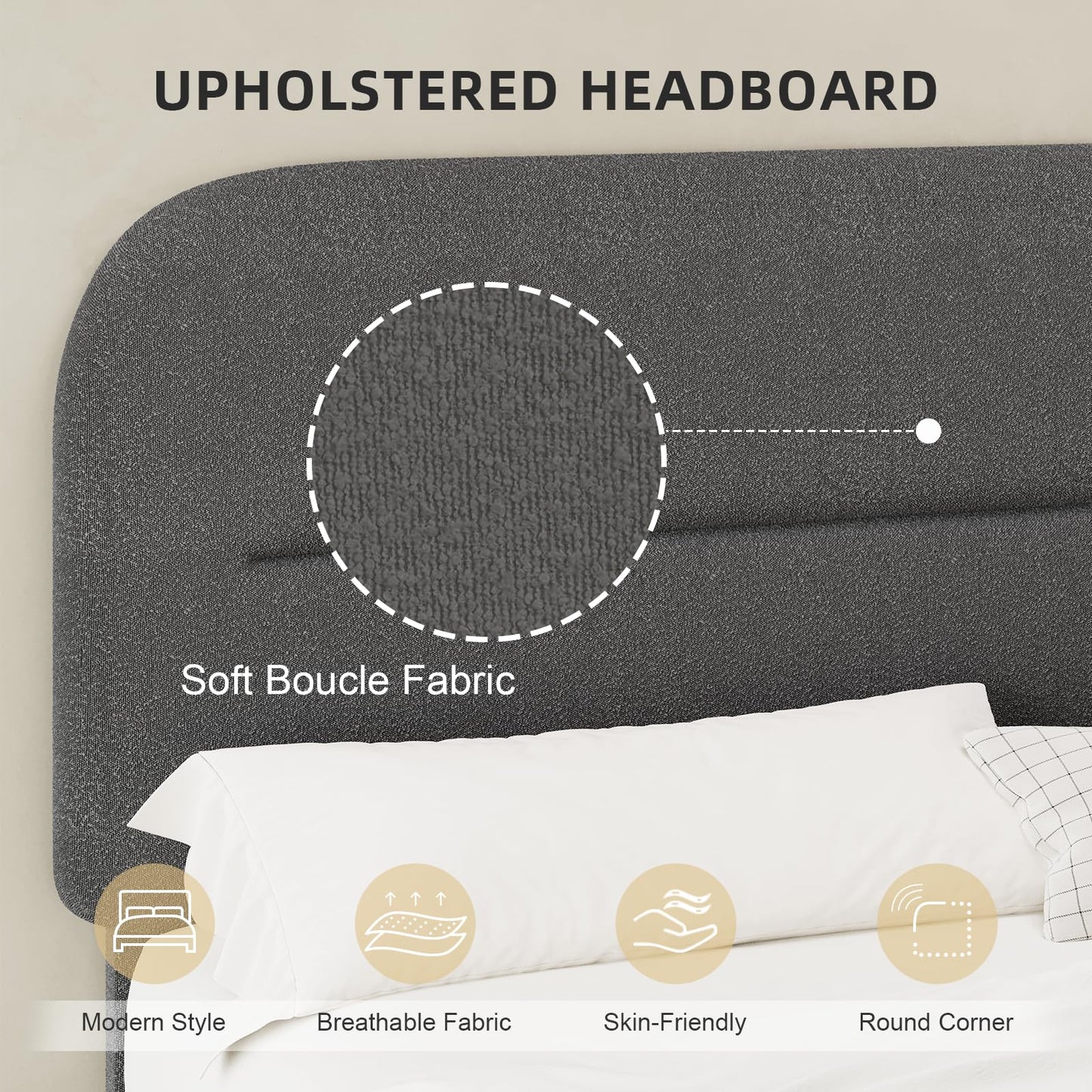 HOMBCK Twin Size Boucle Bed Frame, Upholstered Bed Frame with Rounded Headboard, Soft Modern Bed Frames with Thickened Footboard, Rounded Corners, No Box Spring Needed, Easy Assembly, Grey