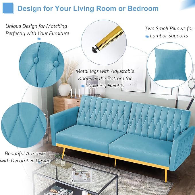 ACMEASE 70” Velvet Futon Sofa Bed with 2 Pillows and Adjustable Armrests, Convertible Sleeper Bed W/Adjustable Backrests, Modern Loveseat for Living Room, Bedroom, Baby Blue