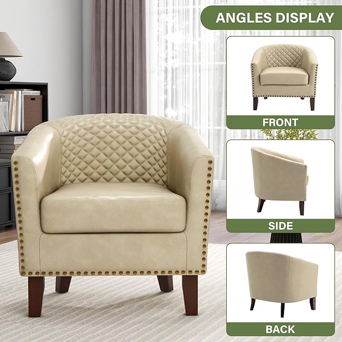 UIXE Faux Leather Accent Chair, Barrel Club Chair Upholstered Armchair for Living Room, Comfy Modern Round Arm Chair Bedroom Reading Seat - Beige