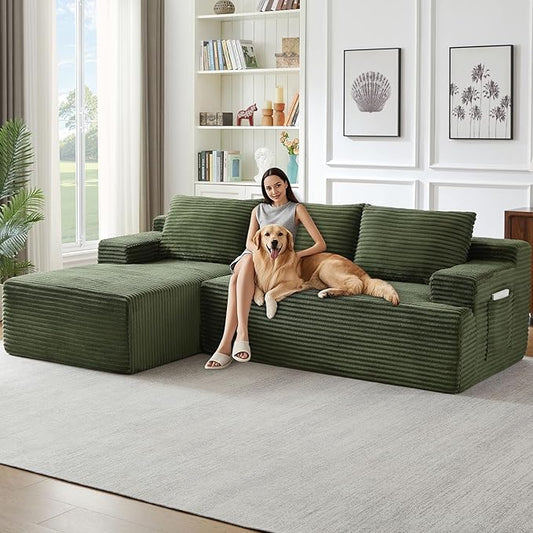 96" Cloud Sectional Couch with L-Shape Chaise, Modern Corduroy Boneless Couch for Living Room,Memory Foam Sofa with Deep Seat,No Assembly Required (Green,Left-Facing Chaise)