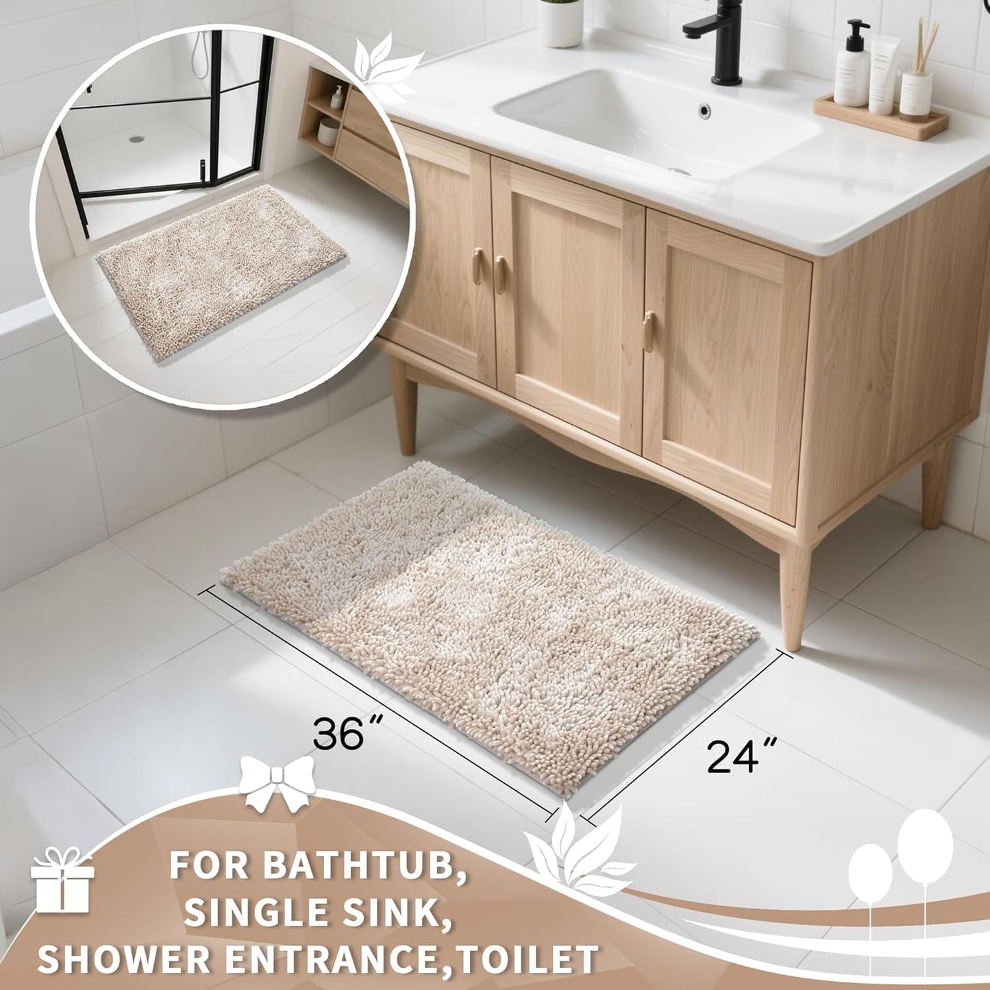 Yimobra Large Bathroom Rug Non Slip 36x24 Inch, Extra Thick Soft Absorbent Chenille Bath Mat, Machine Washable Quick Dry Bath Rugs for Bathroom Floor, Tub and Shower, Home Decor Accessories, Khaki
